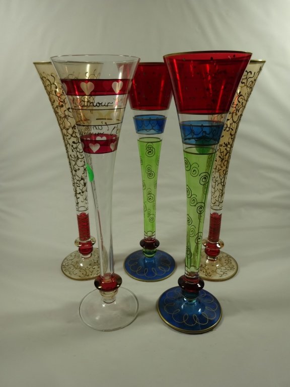 5 HANDPAINTED CRYSTAL CHAMPAGNE FLUTES, APPROX 10.75"H (1 of 5)