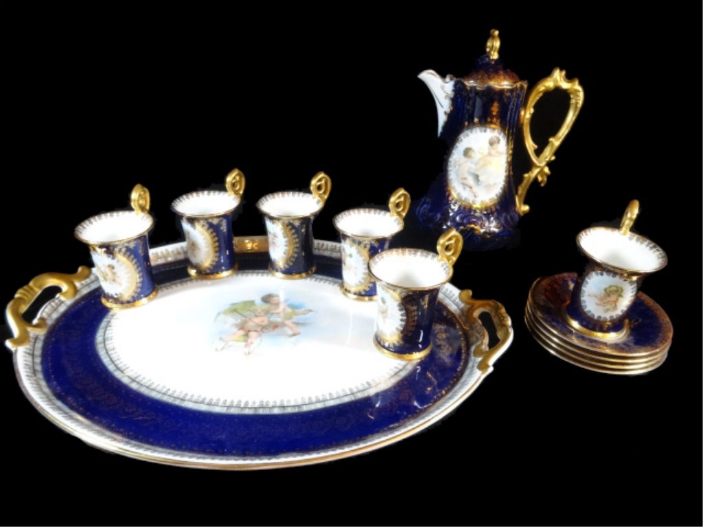 12 PC DRESDEN PORCELAIN COFFEE SET, COBALT AND GOLD, (1 of 10)