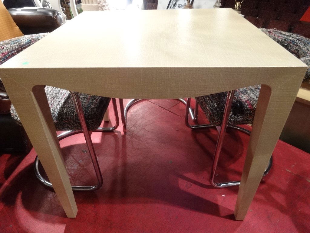 LACQUERED LINEN WRAPPED GAME TABLE, LIGHT BEIGE,: LACQUERED LINEN WRAPPED GAME TABLE, LIGHT BEIGE, EXCELLENT VINTAGE CONDITION, (Key Word Search: Milo Baughman, Pace Collection, Karl Springer, Thayer Coggin, Paul Evans, Directional, Brueton, Pace, Wi
