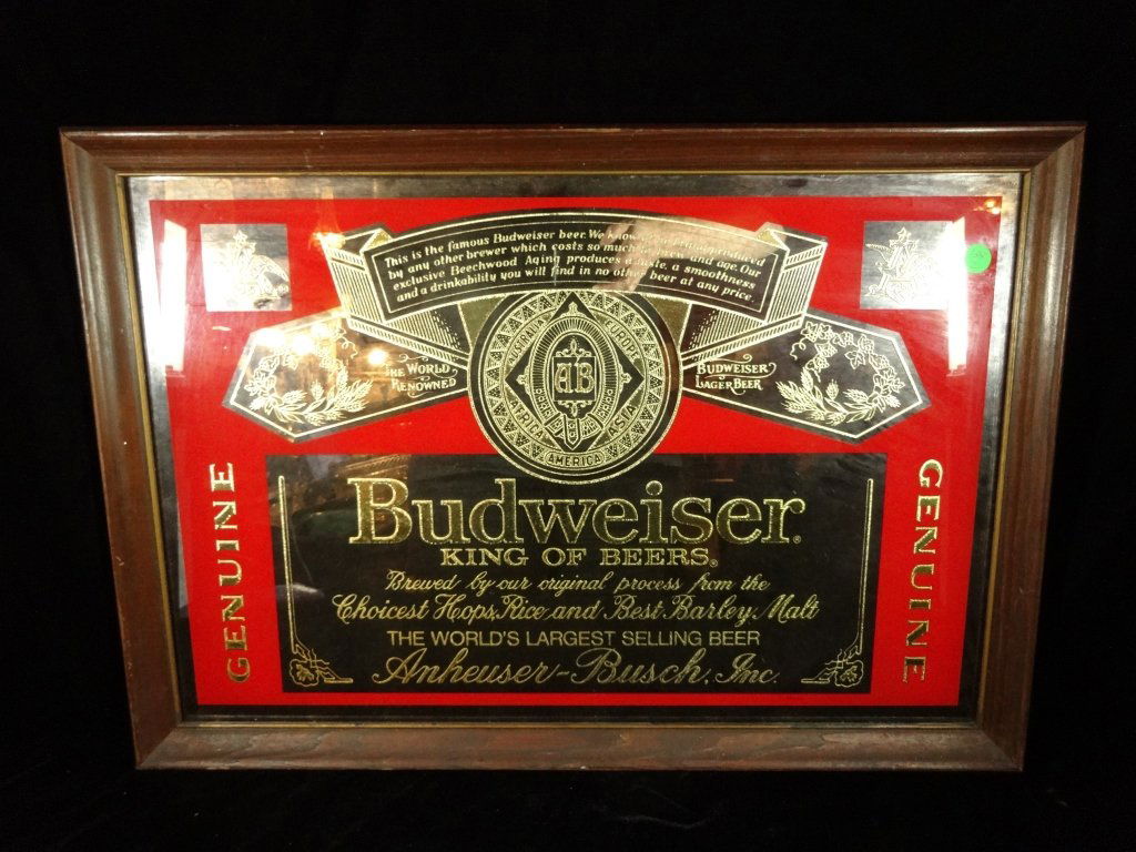 BUDWEISER BEER MIRRORED SIGN, APPROX 18" X 26" FRAMED (1 of 5)