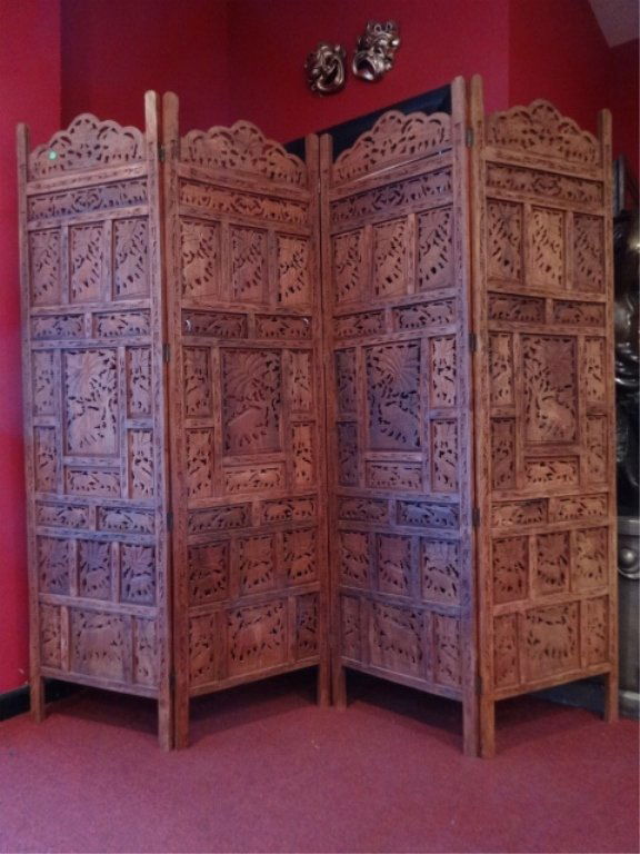 ASIAN CARVED WOOD 4 PANEL FLOOR SCREEN, ELEPHANT (1 of 6)