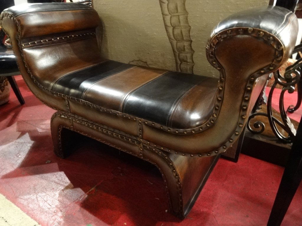 LEATHER CURVED ARM BENCH WITH NAILHEAD TRIM, DARK AND (1 of 5)
