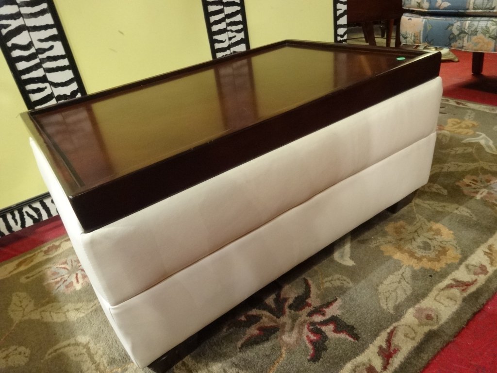 LEATHER AND WOOD COCKTAIL TABLE, OFF WHITE LEATHER: LEATHER AND WOOD COCKTAIL TABLE, OFF WHITE LEATHER WRAPPED BASE, JAVA FINISH WOOD TRAY TOP, APPROX 3'W, SKU9140.07