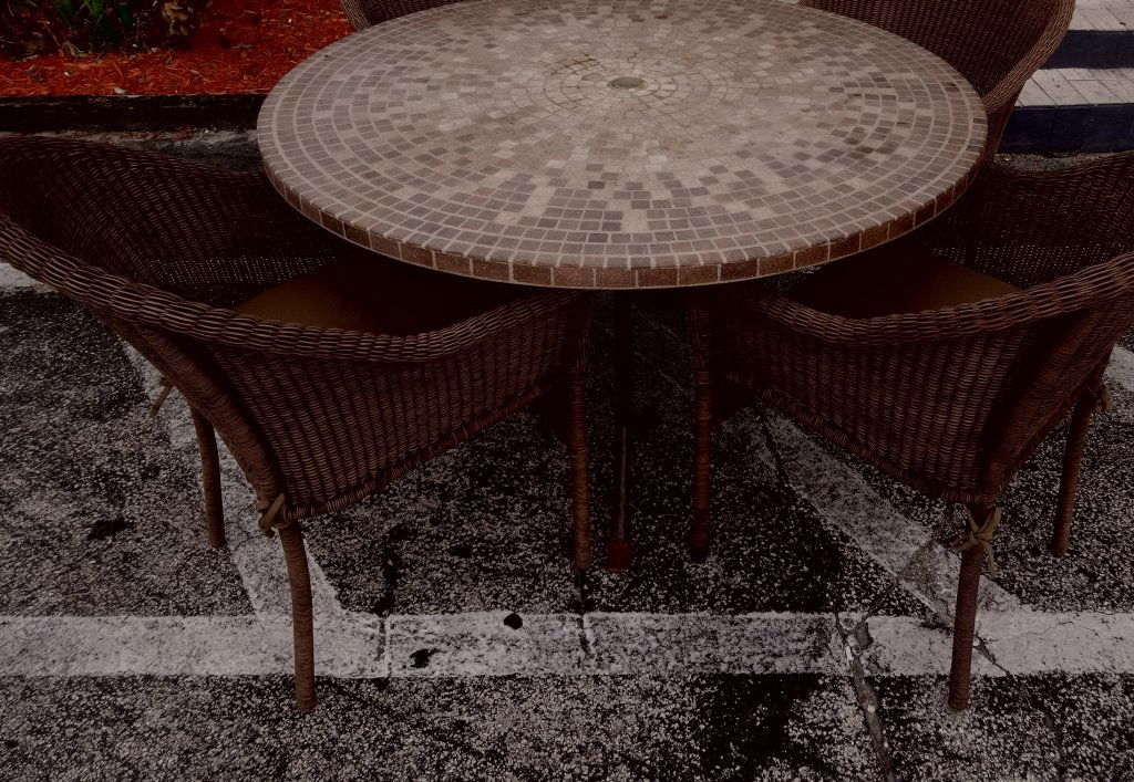 5 PC PATIO SET, TABLE AND 4 CHAIRS, FAUX WICKER AND: 5 PC PATIO SET, TABLE AND 4 CHAIRS, FAUX WICKER AND STONE TILE LOOK TOP, SKU142.03