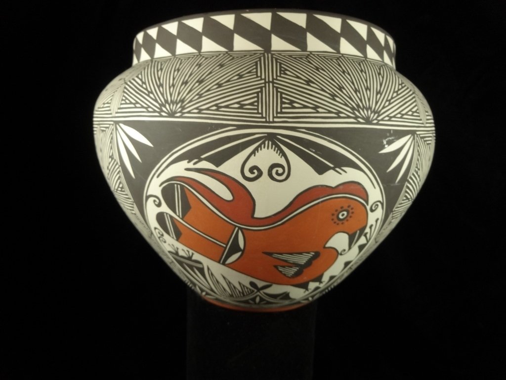 ACOMA NATIVE AMERICAN POTTERY VESSEL, BIRD & GEOMETRIC (1 of 7)