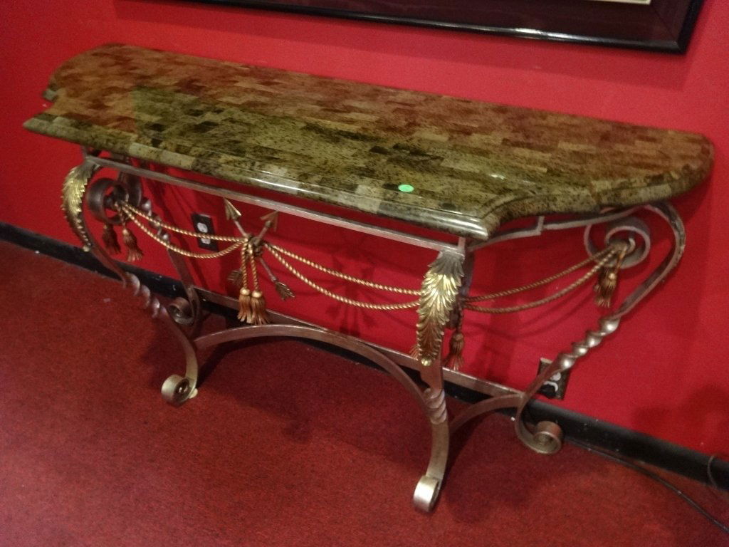 ORNATE GILT METAL CONSOLE TABLE, TESSELATED MARBLE TOP, (1 of 7)
