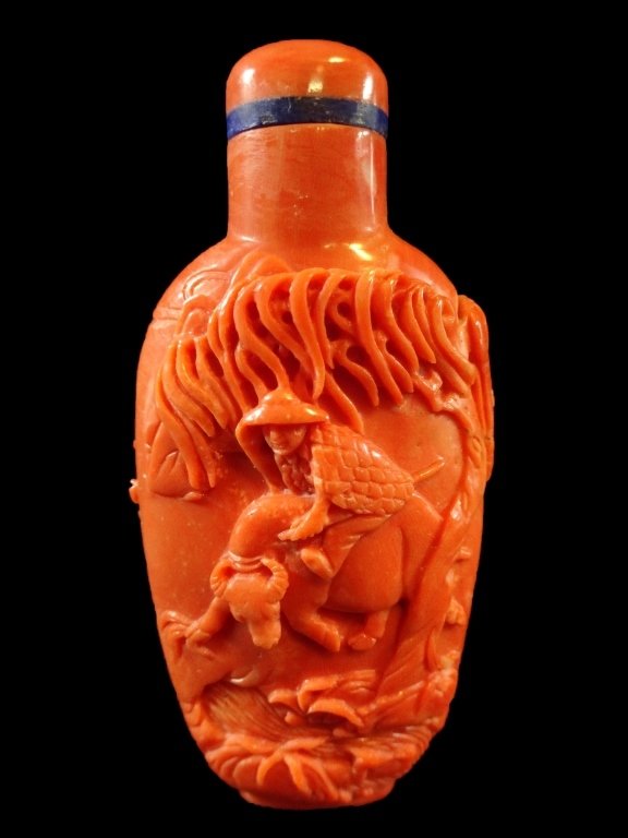ORANGE CORAL SNUFF BOTTLE WITH THREE CHILDREN PLAYING (1 of 7)