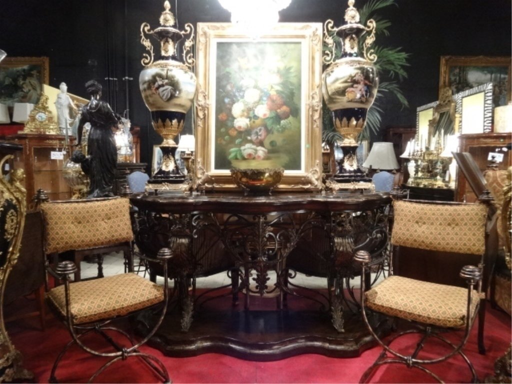 ITALIANATE GILT METAL CONSOLE TABLE, INLAID WOOD TOP, (1 of 7)