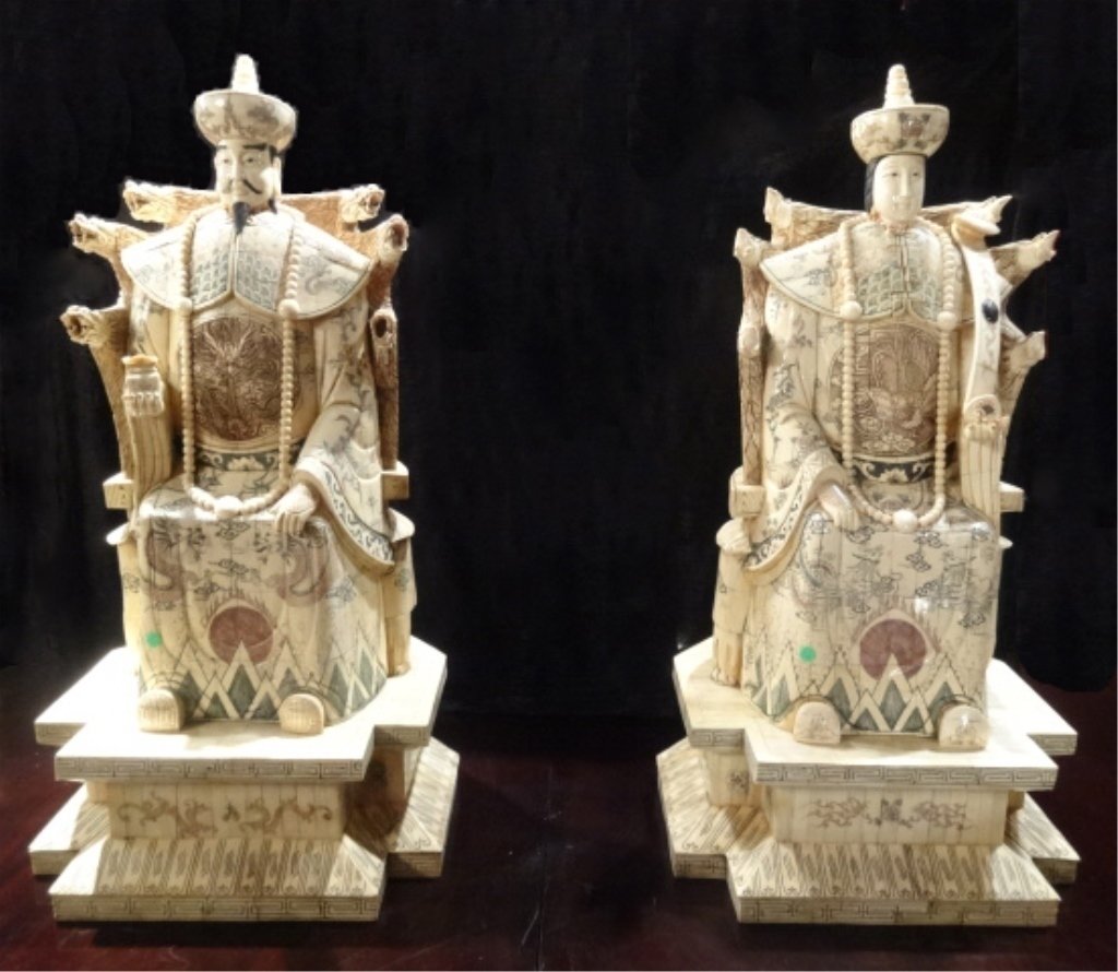 MONUMENTAL CHINESE CARVED BONE EMPEROR AND EMPRESS: MONUMENTAL CHINESE CARVED BONE EMPEROR AND EMPRESS SCULPTURES, SEATED ON THRONES, WITH ELABORATELY CARVED AND PAINTED BONE TILES, APPROX 35"H, SKU9087