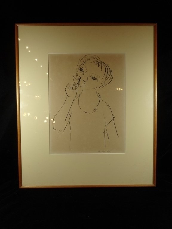 REUBEN KRAMER (1909-1999) INK ON PAPER, GIRL WITH A: REUBEN KRAMER (1909-1999) INK ON PAPER, GIRL WITH A FLOWER, APPROX 22.75" X 19" FRAMED