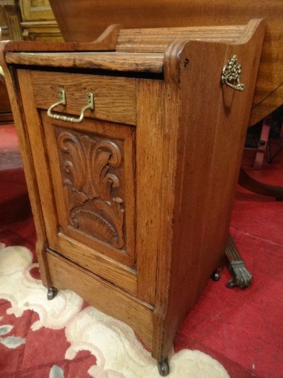 ANTIQUE OAK PULL DOWN FLOUR BIN, CARVED PANEL, BRASS (1 of 5)