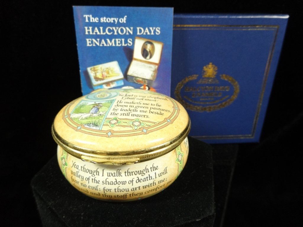 HALCYON DAYS ENAMEL BOX, "THE LORD'S PRAYER / 23RD: HALCYON DAYS ENAMEL BOX, "THE LORD'S PRAYER / 23RD PSALM", APPROX 1 3/8" X 2 3/8", WITH ORIGINAL BOX