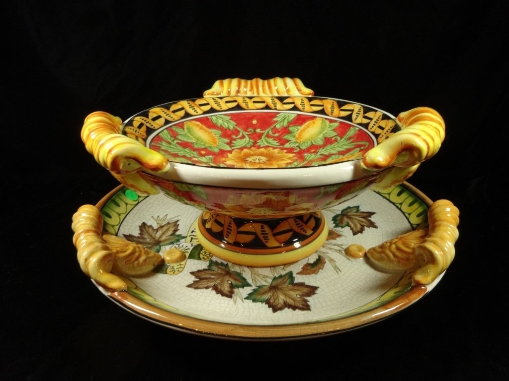 2 PC PORCELAIN PEDESTAL BOWL & PLATTER, DECORATIVE, (1 of 10)