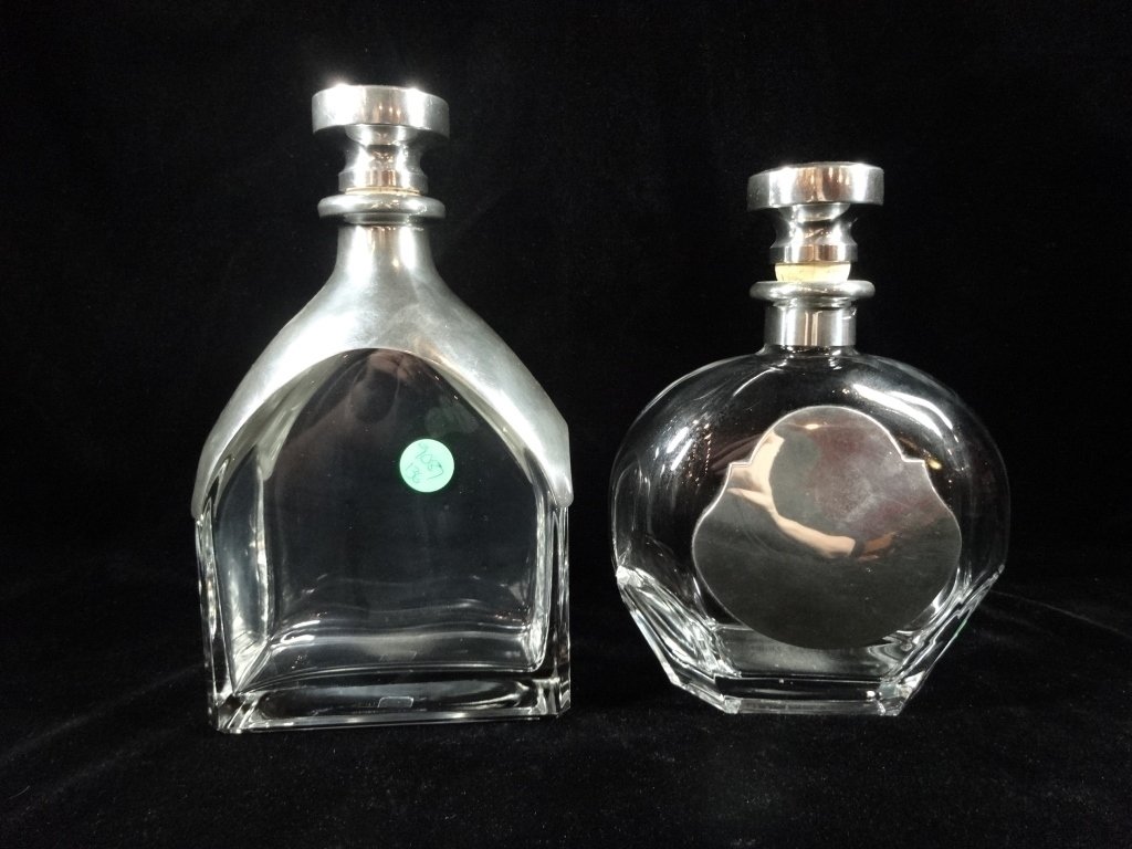 2 ETAINS DU MANOIR CRYSTAL DECANTERS, METAL TRIM, (1 of 5)