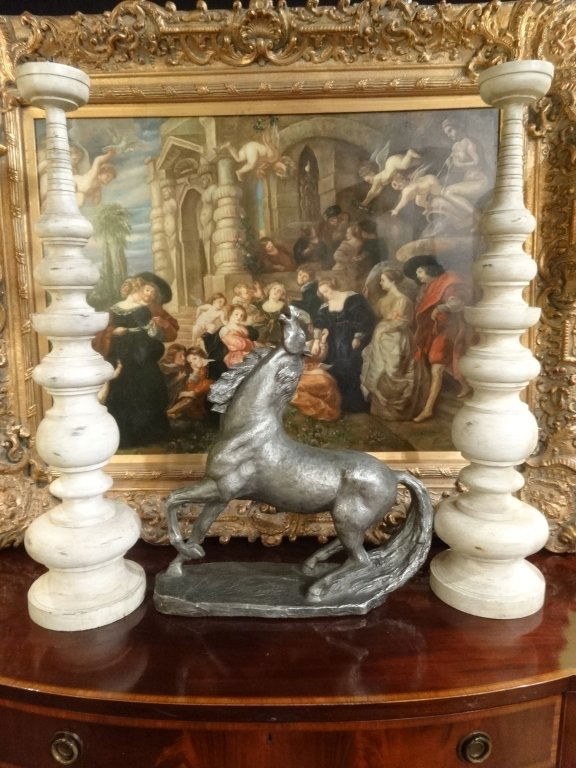 PAIR LARGE CARVED WOOD CANDLESTICKS, OFF WHITE FINISH, (1 of 6)