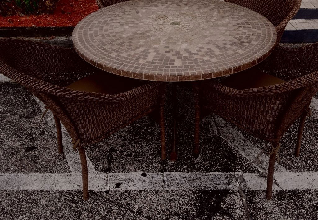 5 PC PATIO SET, TABLE AND 4 CHAIRS, FAUX WICKER AND: 5 PC PATIO SET, TABLE AND 4 CHAIRS, FAUX WICKER AND STONE TILE LOOK TOP, SKU142.03