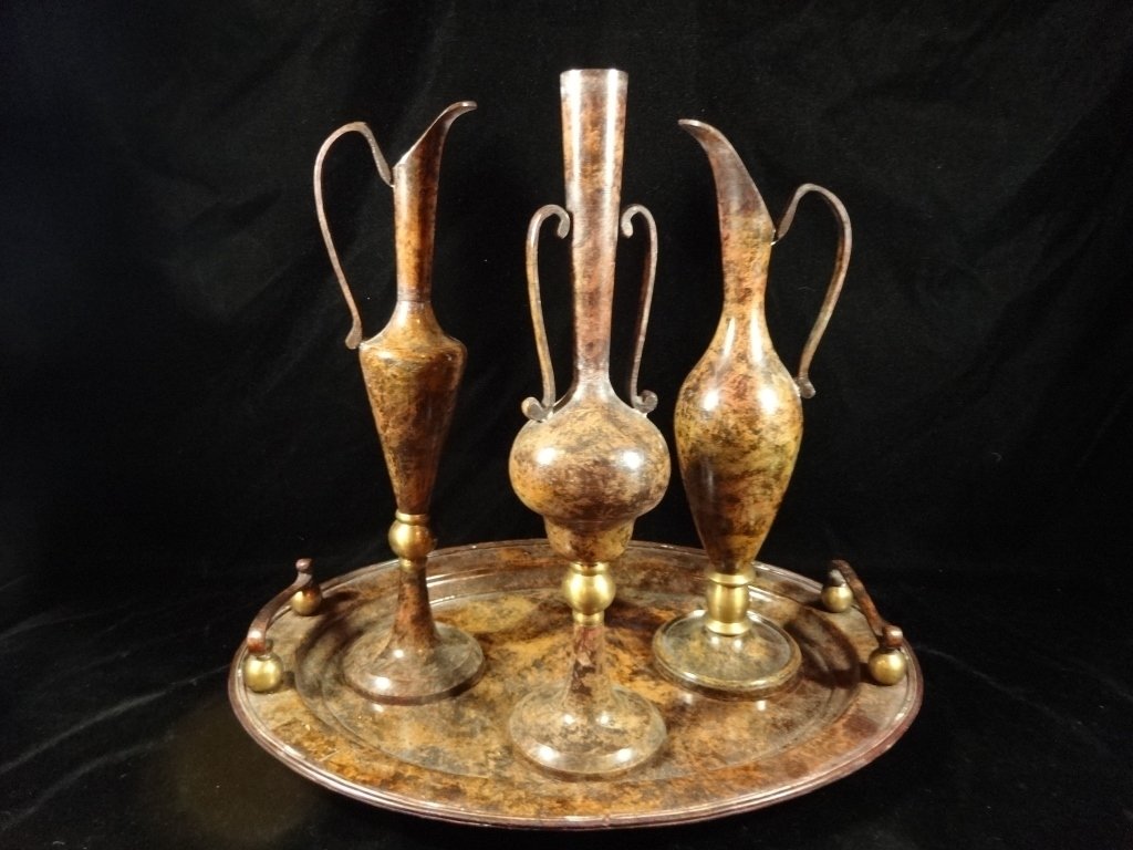 4 PC METAL TRAY WITH VASE & 2 EWERS, APPROX 14" (1 of 5)