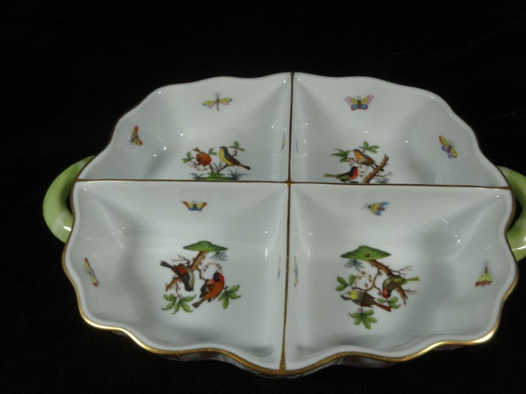 HEREND PORCELAIN HANDLED 4 PART HORS D'OEUVRE DISH, (1 of 8)