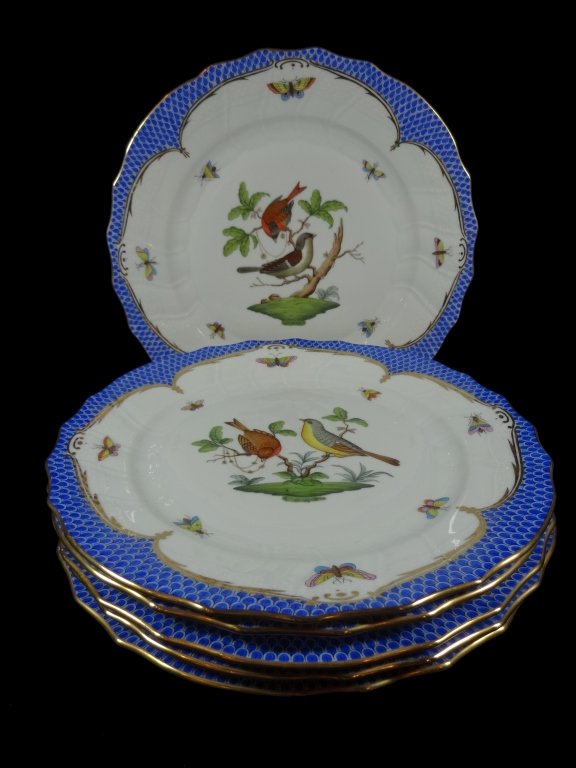 6 HEREND PORCELAIN PLATES, ROTHSCHILD BIRD BLUE BORDER, (1 of 10)