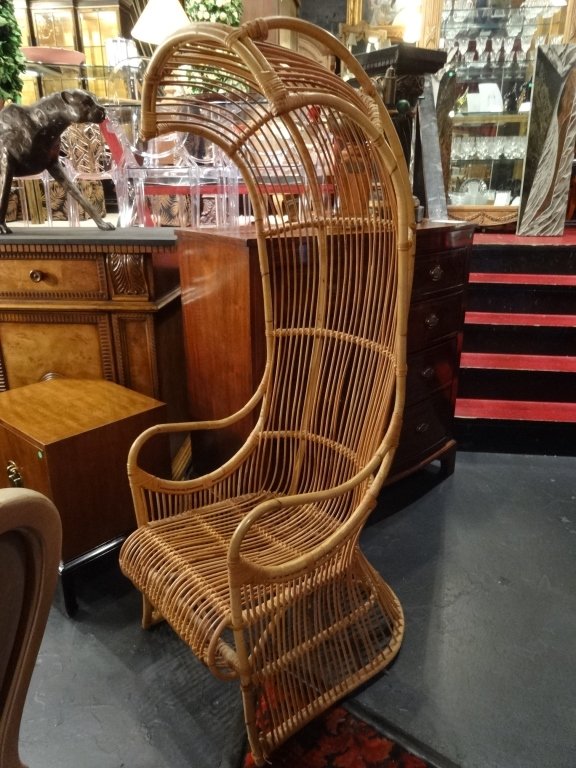 RATTAN ARMCHAIR WITH CURVED SEAT BACK, VERY GOOD: RATTAN ARMCHAIR WITH CURVED SEAT BACK, VERY GOOD CONDITION
