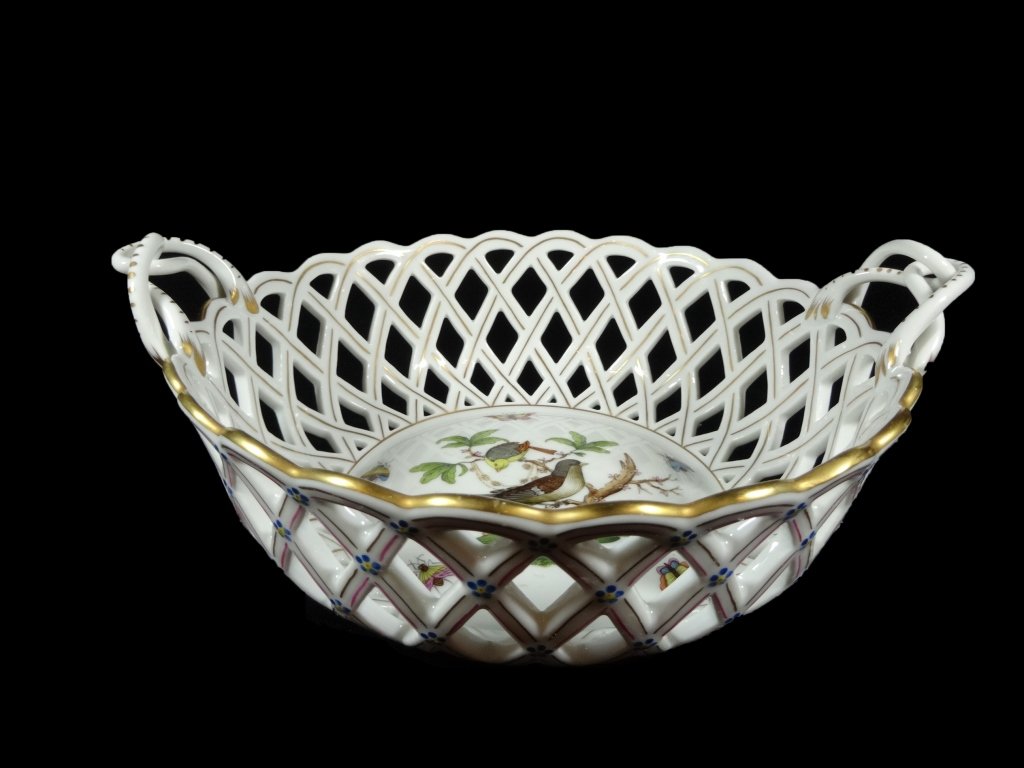HEREND PORCELAIN LARGE OPENWORK BASKET WITH HANDLES, (1 of 6)