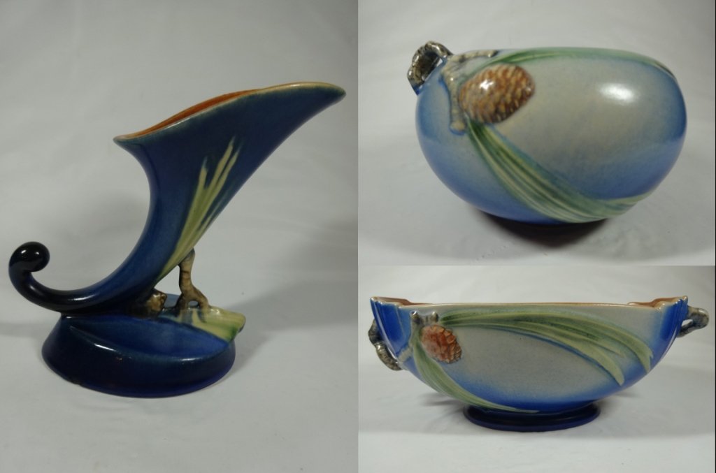 3 PC ROSEVILLE POTTERY PINECONE INCLUDES 4" BOWL, BLUE, (1 of 10)