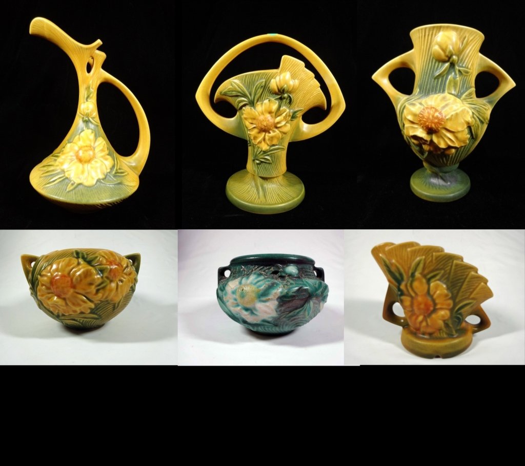 6 PC ROSEVILLE POTTERY PEONY INCLUDES BASKET, (1 of 10)