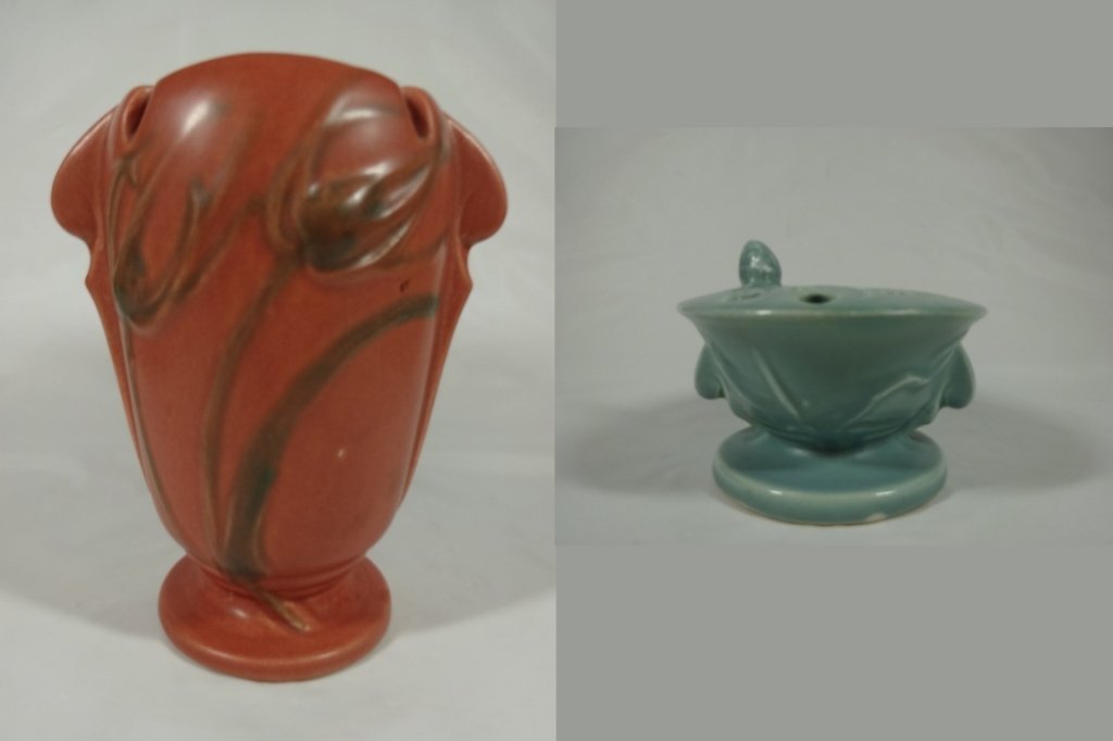 2 PC ROSEVILLE POTTERY TEASEL 6" VASE, ORANGE/BROWN, (1 of 10)