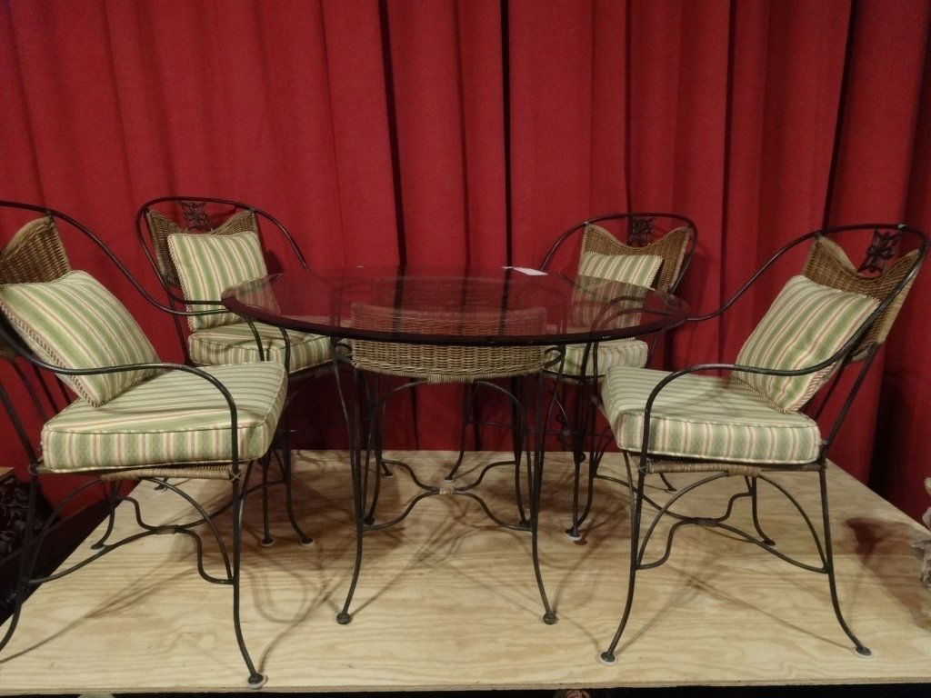 5 PC METAL AND RATTAN PATIO DINING TABLE, 4 CHAIRS, (1 of 4)