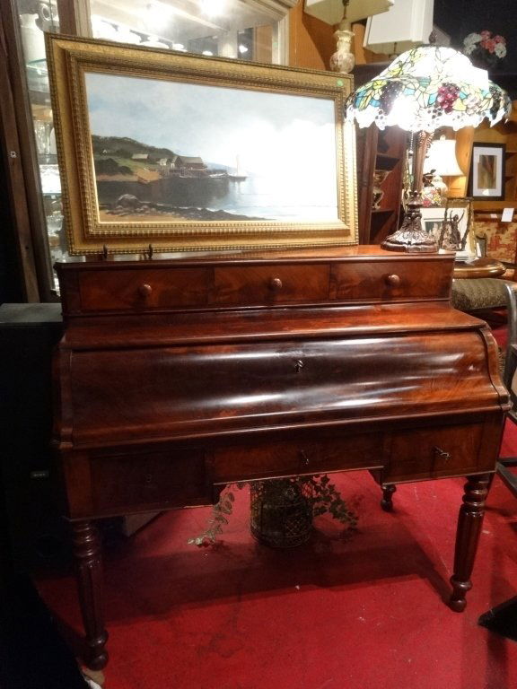 ANTIQUE MAHOGANY DROP FRONT DESK, BURL WOOD INTERIOR, (1 of 8)