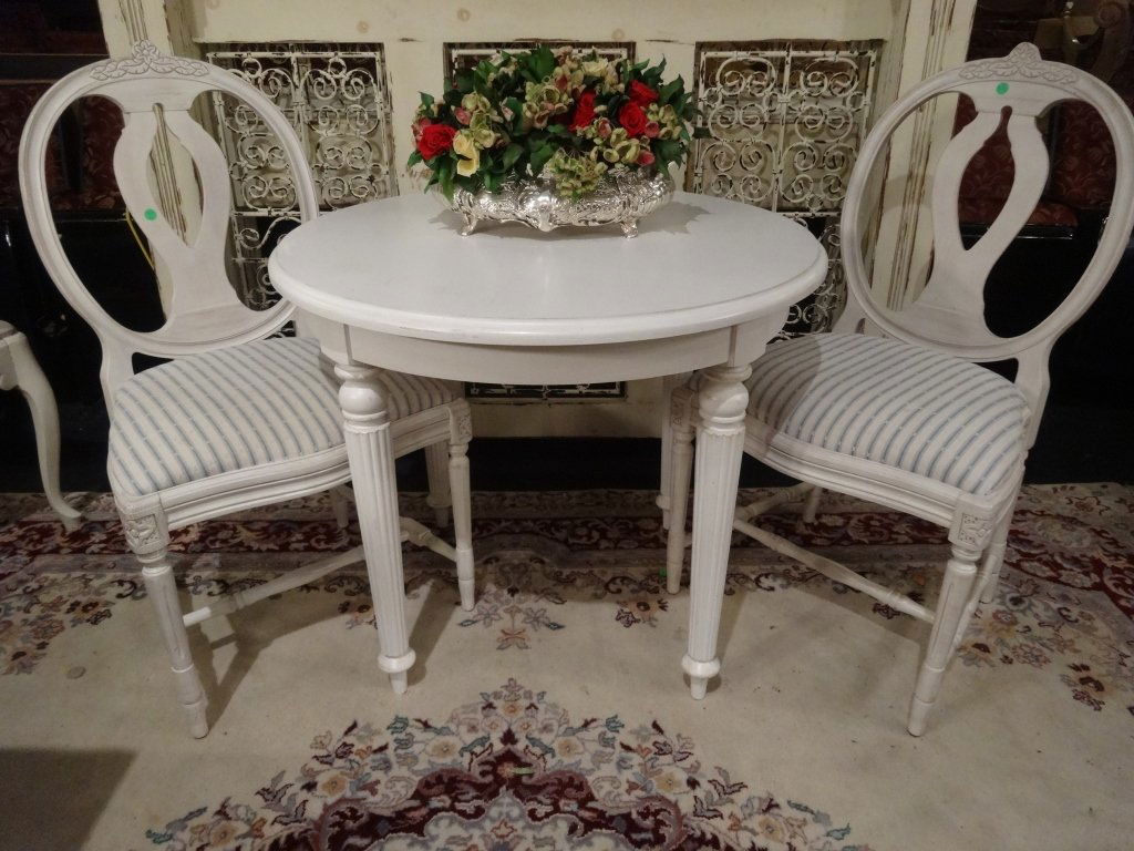 3 PC WHITE WOOD PAINTED BISTRO SET, 2 OVAL BACK CHAIRS, (1 of 9)