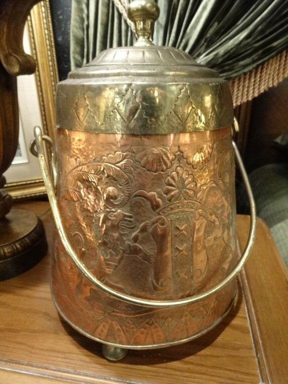 LARGE EMBOSSED COPPER AND BRASS URN WITH LID AND (1 of 5)