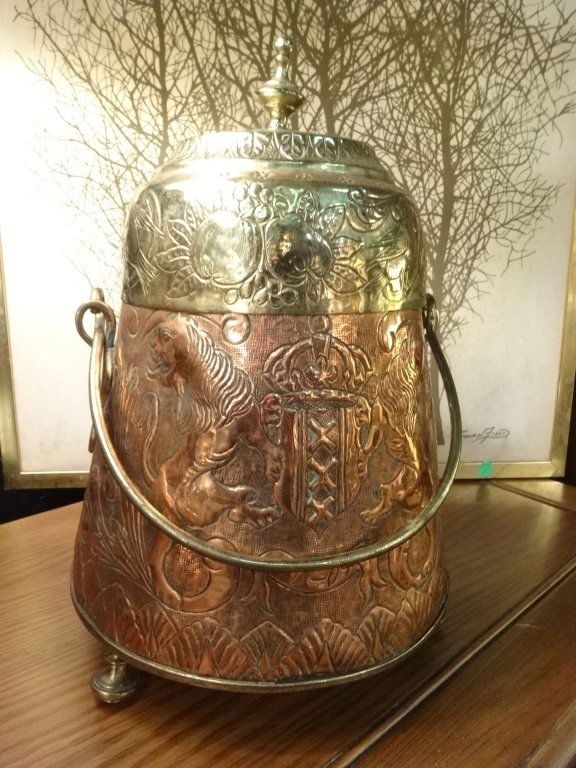 LARGE EMBOSSED COPPER AND BRASS URN WITH LID AND (1 of 6)