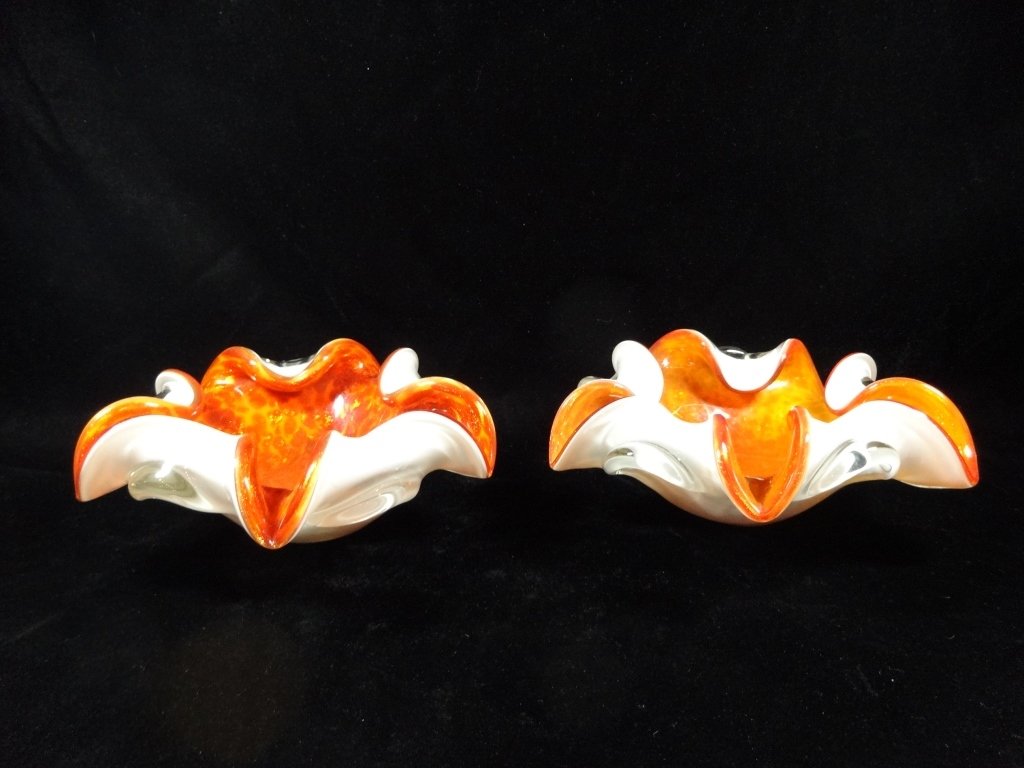 2 MURANO STYLE ART GLASS ASHTRAYS, ORANGE & WHITE, (1 of 7)