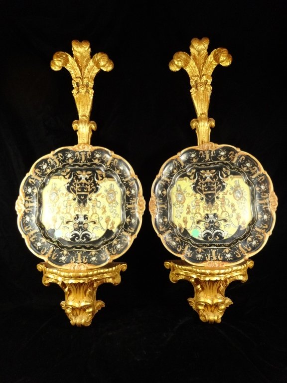 PAIR PORCELAIN PLATES ON GOLD WALL BRACKETS, APPROX (1 of 8)