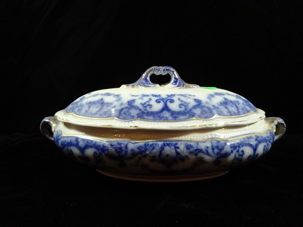 FLOW BLUE OVAL COVERED BOWL, MARKED ROYAL (1 of 8)