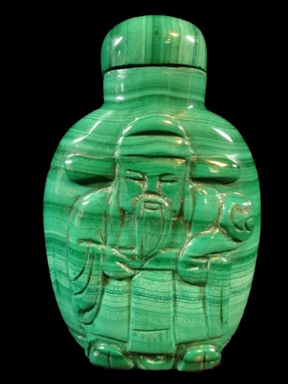MALACHITE SNUFF BOTTLE, CARVED FIGURE OF A MONK. (1 of 5)