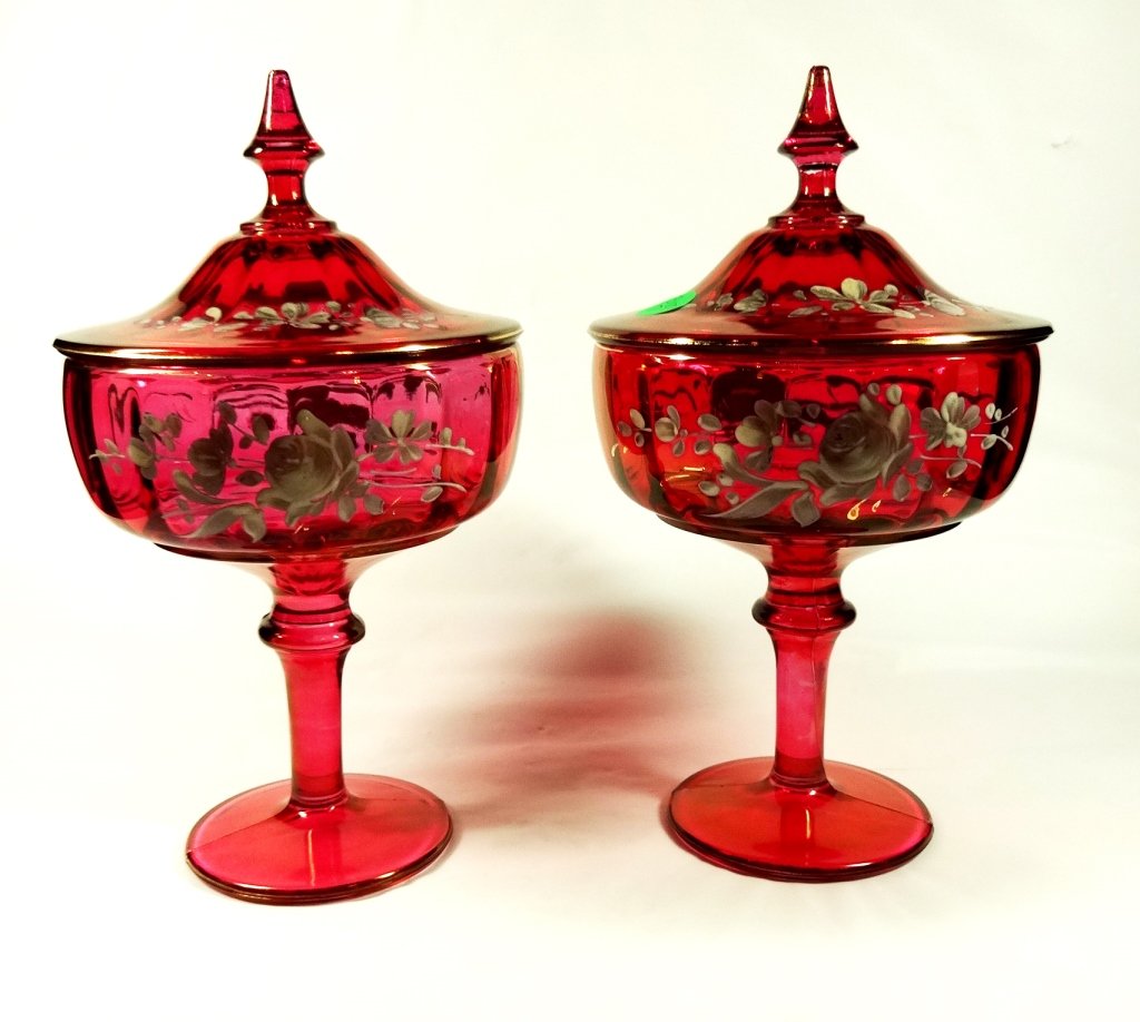 PAIR ANTIQUE CRANBERRY GLASS PEDESTAL CANDY DISHES WITH (1 of 9)