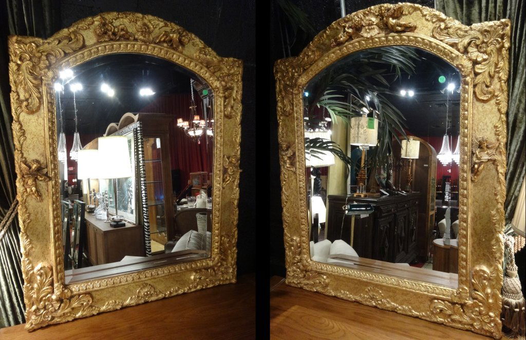 PAIR LARGE GOLD GILT MIRROR WITH CHERUBS, APPROX 30"H, (1 of 8)