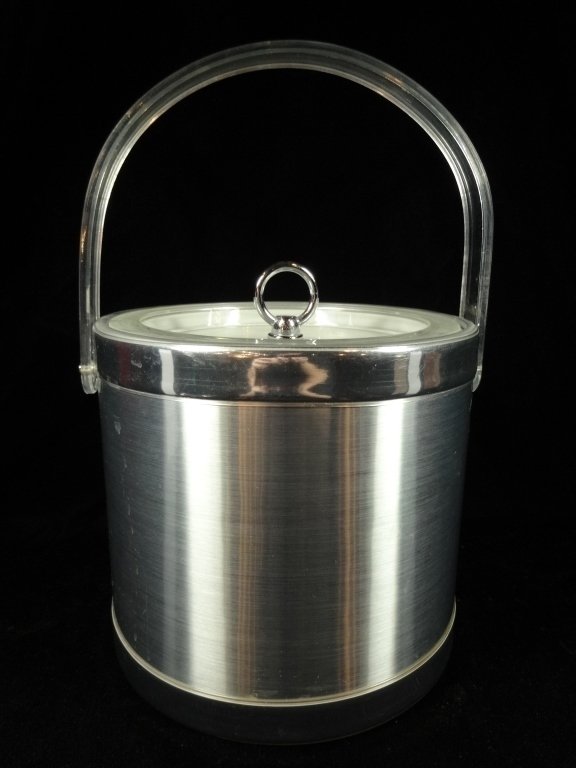 GEORGES BRIARD ICE BUCKET, BRUSHED STEEL FINISH WITH: GEORGES BRIARD ICE BUCKET, BRUSHED STEEL FINISH WITH LUCITE HANDLE, APPROX 12" TO TOP OF HANDLE