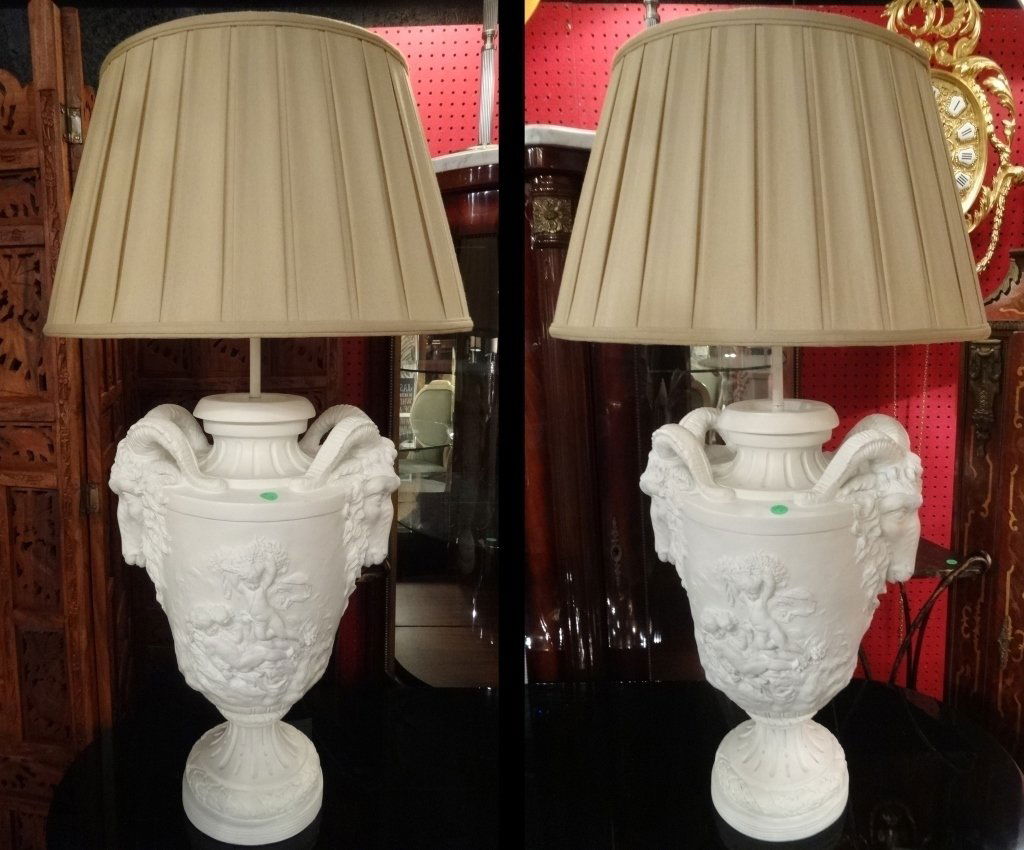 PAIR LARGE WHITE URN STYLE LAMPS, RAM'S HEAD HANDLES, (1 of 8)