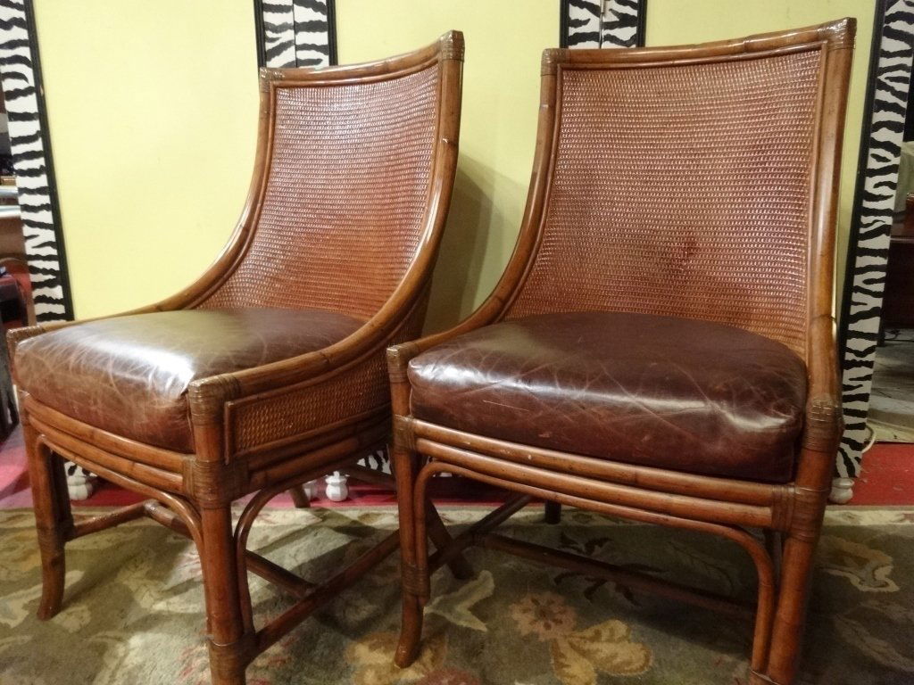 PAIR PALECEK RATTAN AND WOOD CHAIRS, LEATHER SEATS, (1 of 4)