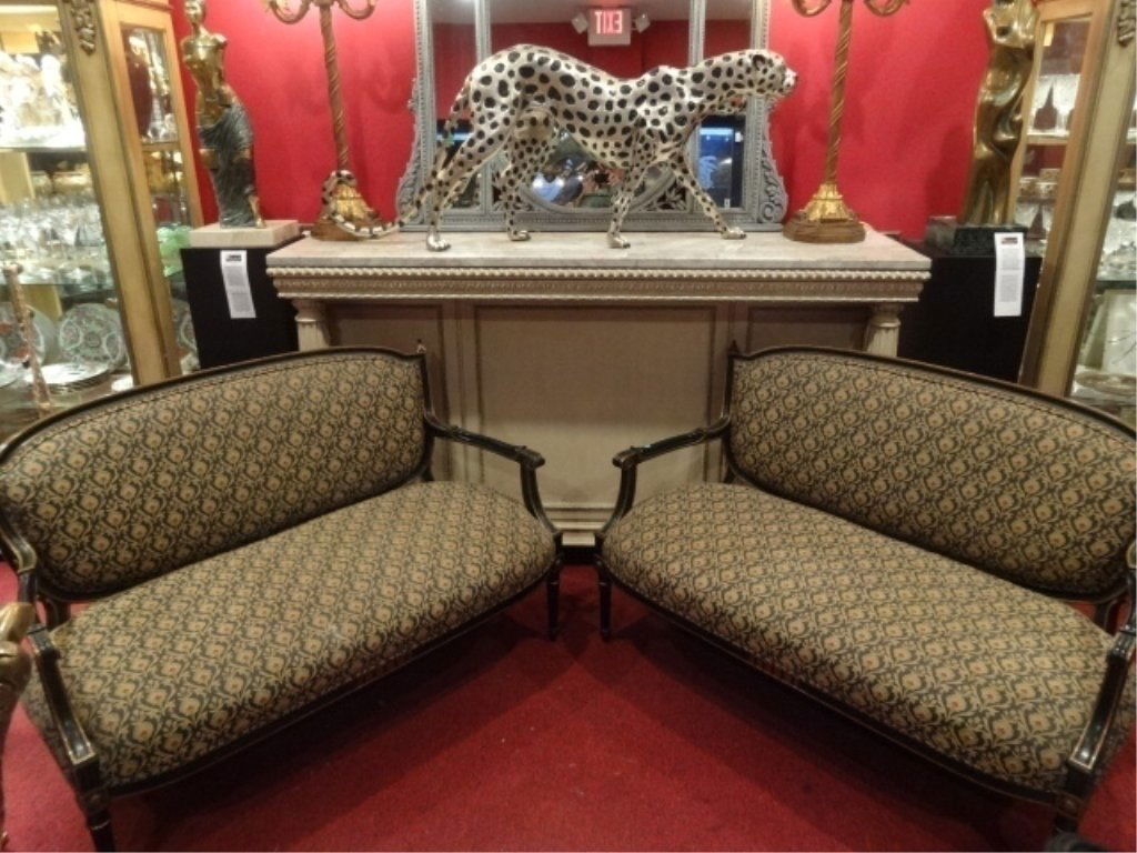 ANTIQUE LOUIS XVI STYLE LOVESEAT, BLACK AND GOLD GILT (1 of 7)