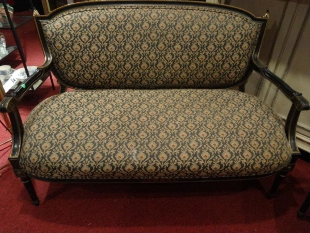 ANTIQUE LOUIS XVI STYLE LOVESEAT, BLACK AND GOLD GILT (1 of 7)