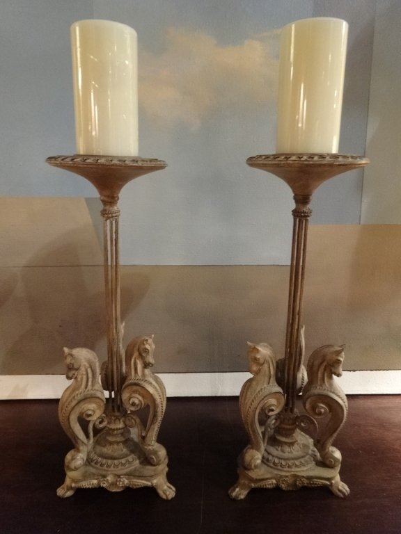PAIR ORNATE CANDLESTICKS WITH STYLIZED HORSE HEADS, (1 of 5)