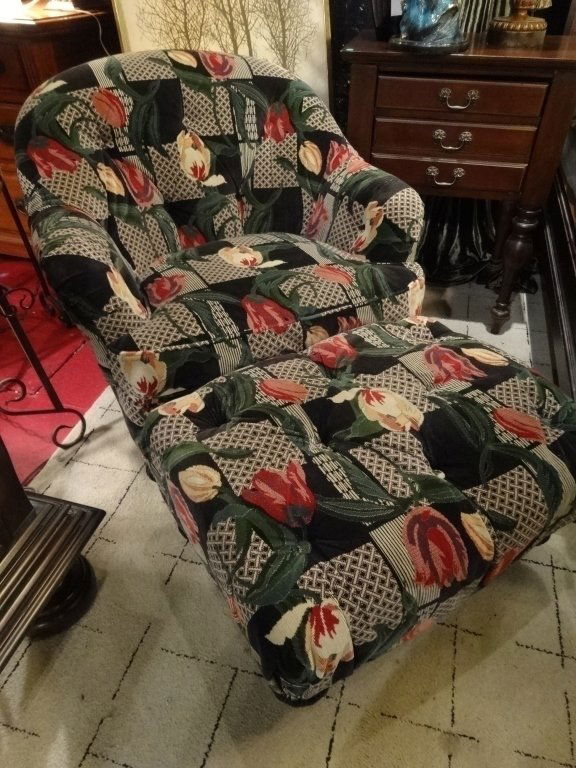 DESIGNER JUDITH NORMAN CHAIR AND OTTOMAN, TULIP PATTERN (1 of 7)