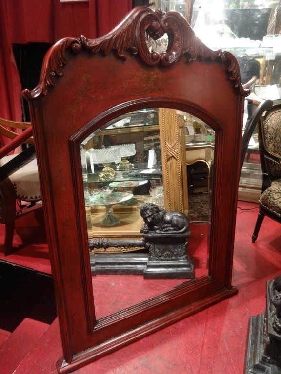 LARGE RED PAINTED WOOD MIRROR, WITH GOLD BIRDS AND (1 of 4)