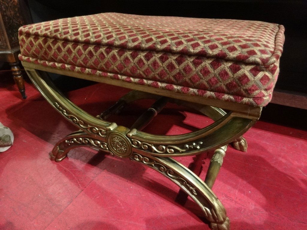 CARVED GILT WOOD BENCH WITH UPHOLSTERED SEAT, BURGUNDY (1 of 5)