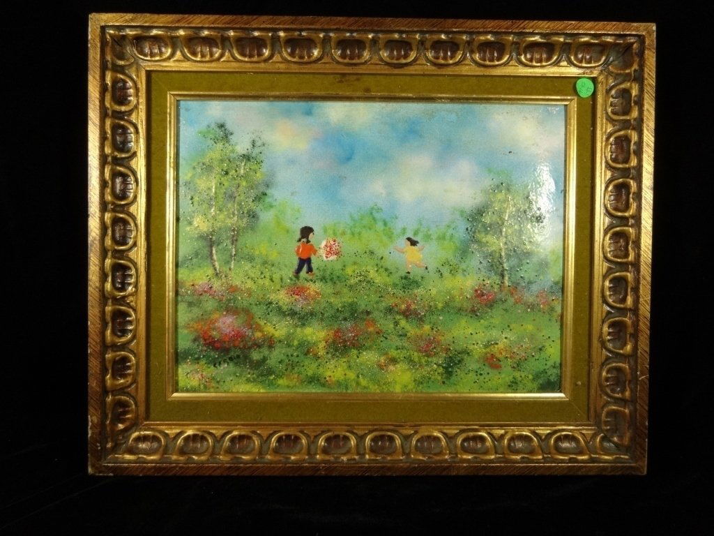 ENAMEL ON COPPER FRAMED ARTWORK, MEADOW SCENE, SIGNED (1 of 6)