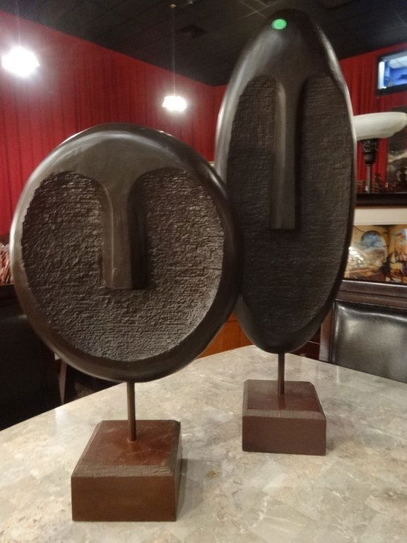 2 PC FACE SCULPTURES ON WOODEN BASES, LARGEST APPROX (1 of 3)
